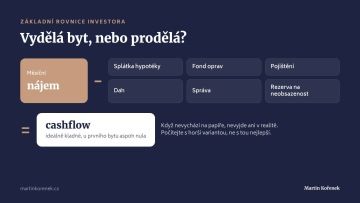 Rovnice cashflow investičního bytu: nájem minus splátka hypotéky, fond oprav, pojištění, daň, správa a rezerva na neobsazenost